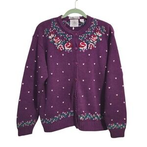 CAPE ISLE KNITTERS VTG‎ Purple Floral Embroidered Cardigan Grandmacore S